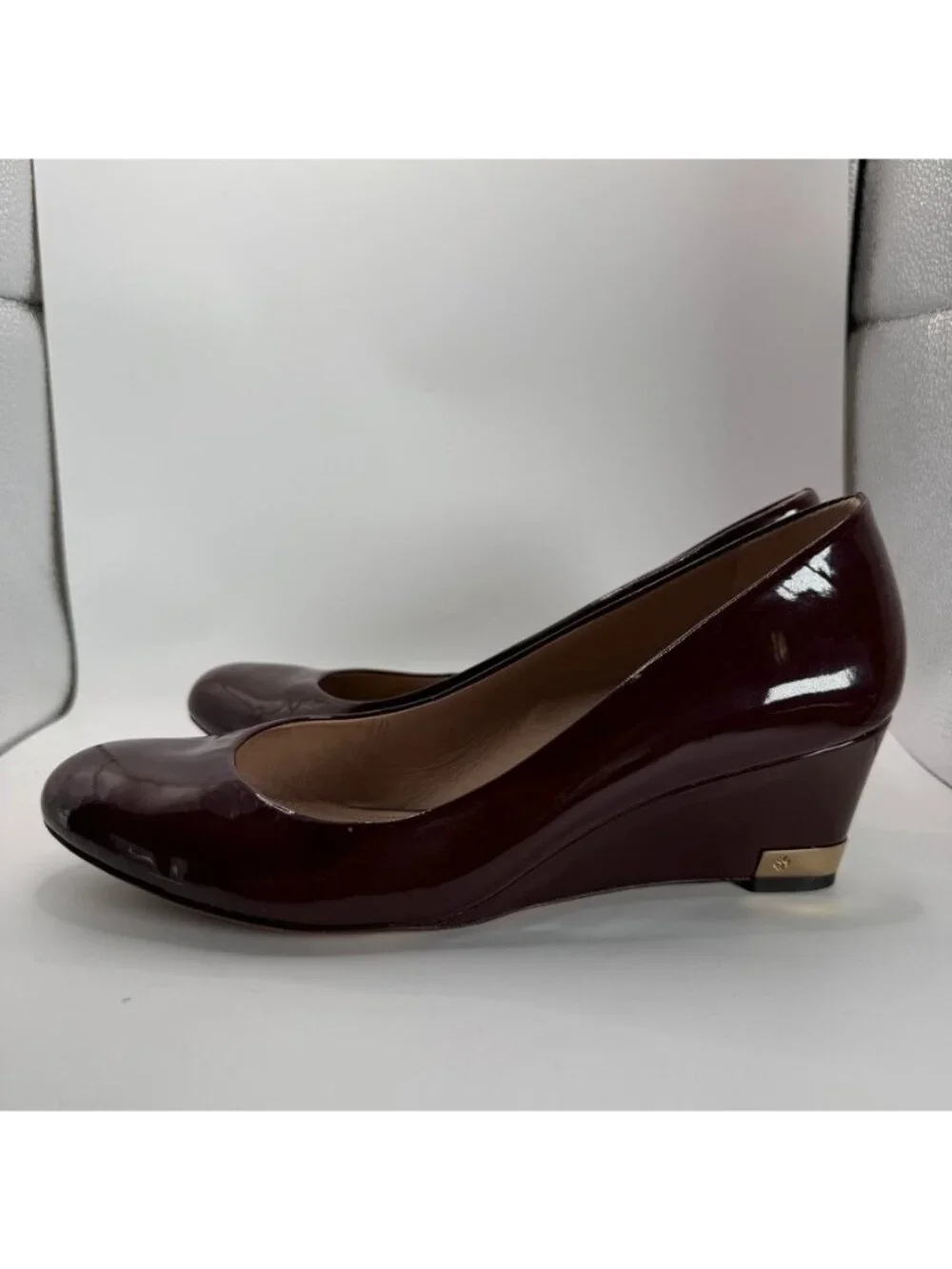 Tory Burch Leather Wedge Pumps Shoes Women Size 9.5 Burgundy Red Round Toe